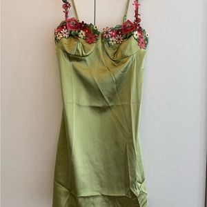 Green Satin Slip Dress with Floral Embroidery